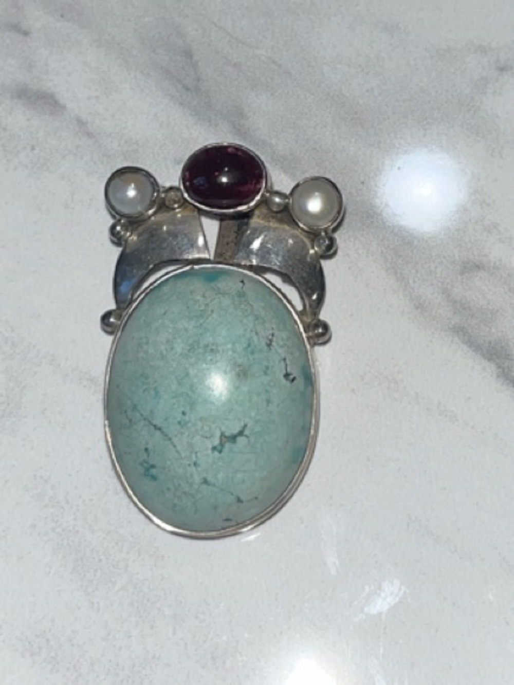 Sterling Silver Turquoise with Garnet and Mother of Pearl Accents Pendant